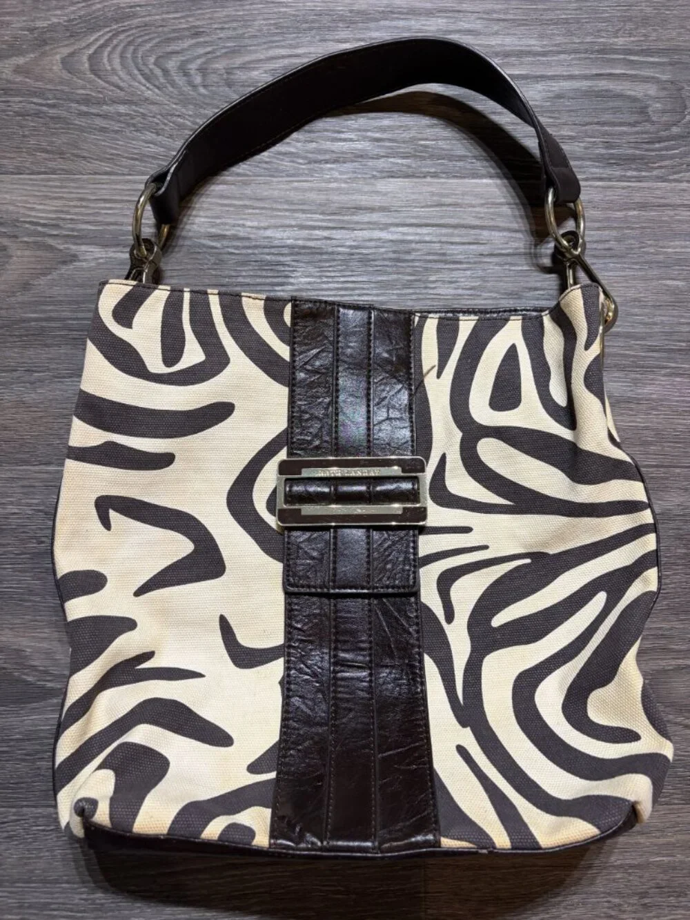 Nine West Zebra Print Hobo Shoulder Bag Faux Leather Brown Cream Y2K Pink Lining